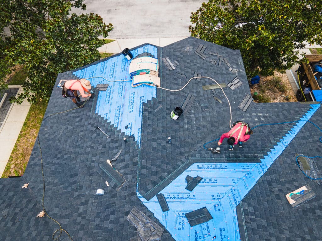 Overhead shot of multi-family roof replacement