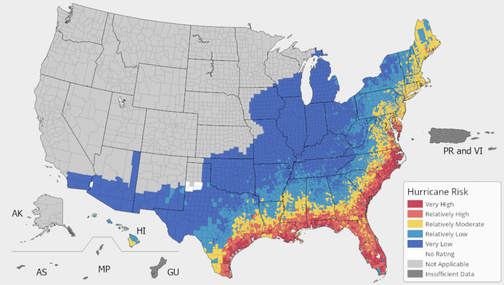 Map Showing Hurricane Risk for United States